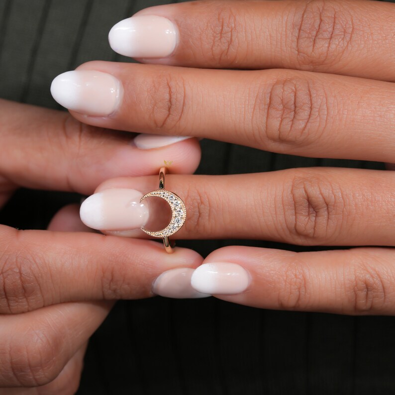 Lab Diamond Crescent Moon Ring | 14K Gold Dainty Stacking Ring