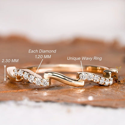 14K Gold Pave Lab Diamond Wavy Zigzag Stacking Ring