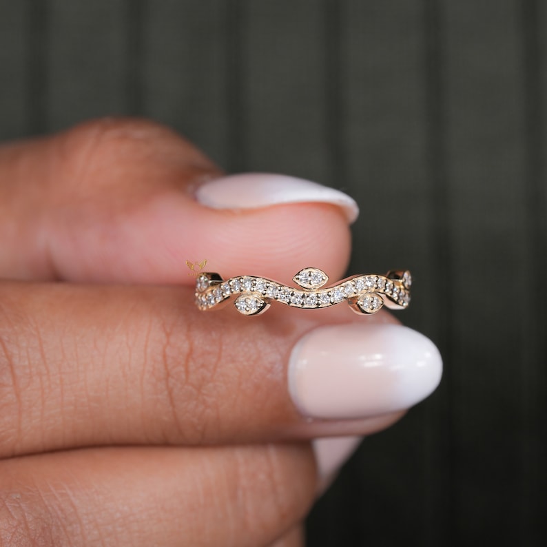 Lab Diamond Leaf Ring – Half Eternity Nature Inspired Wedding Band
