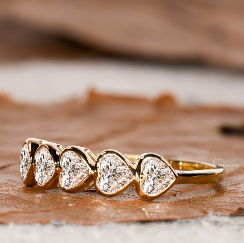Heart Shaped Lab Grown Diamond Band,1.25TCW Heart Cut Diamond Half Eternity Wedding Band,Bezel Set 5 Stone Wedding Ring,For Valentine Gifts