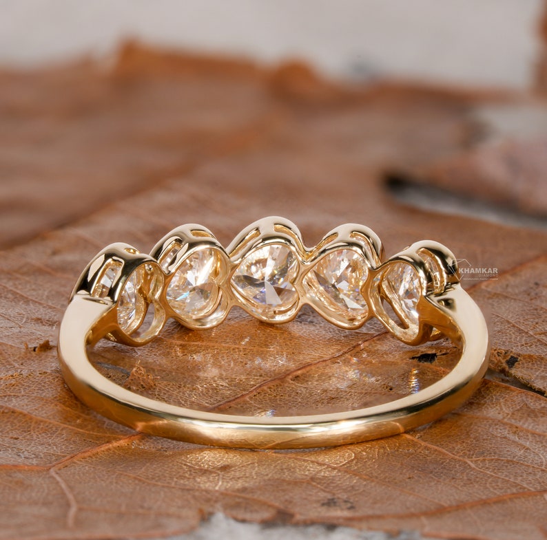 Heart Shaped Lab Grown Diamond Band,1.25TCW Heart Cut Diamond Half Eternity Wedding Band,Bezel Set 5 Stone Wedding Ring,For Valentine Gifts