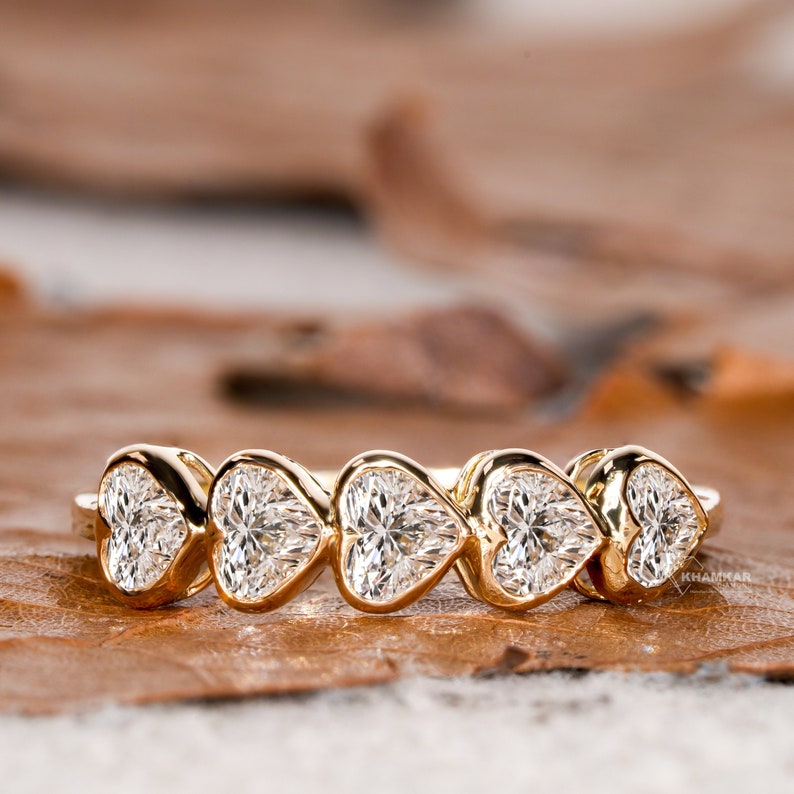 Heart Shaped Lab Grown Diamond Band,1.25TCW Heart Cut Diamond Half Eternity Wedding Band,Bezel Set 5 Stone Wedding Ring,For Valentine Gifts