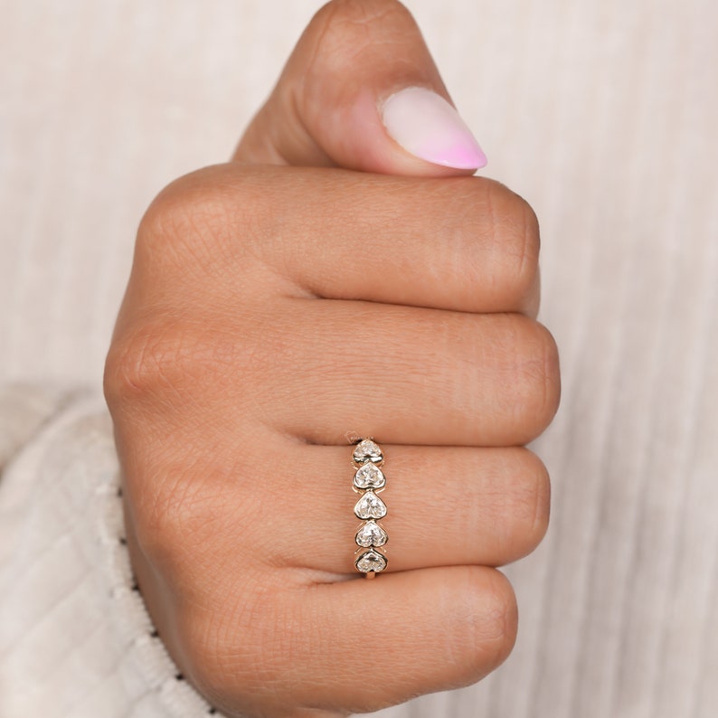 Heart Shaped Lab Grown Diamond Band,1.25TCW Heart Cut Diamond Half Eternity Wedding Band,Bezel Set 5 Stone Wedding Ring,For Valentine Gifts