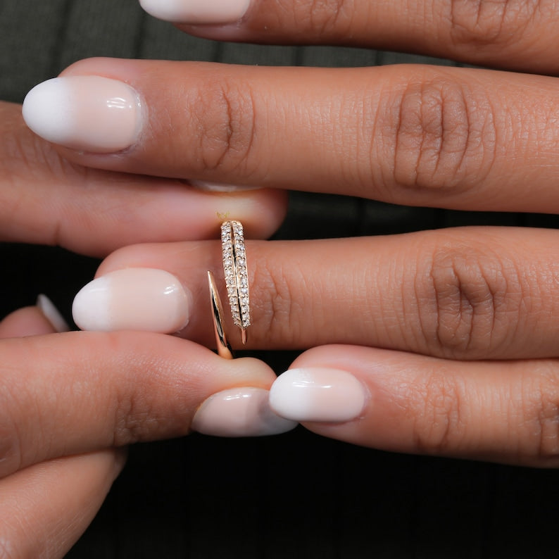 Lab Diamond Bypass Wrap Ring – 14K Gold Adjustable Cuff Ring