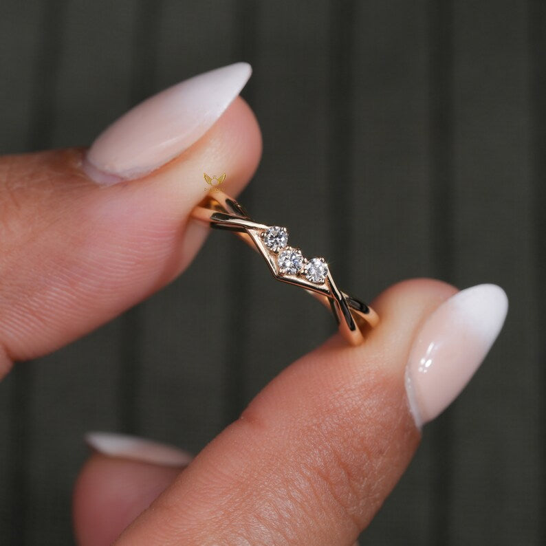 Minimal Twisted Lab Diamond Band Three Stone Engagement Ring