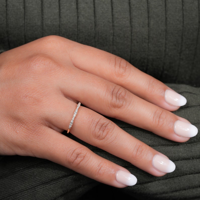 Lab Diamond Wedding Ring, 14K Gold Wavy Band, Dainty Ring