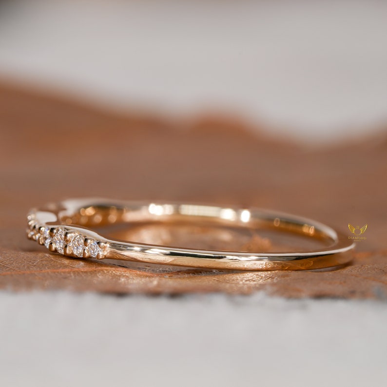 Lab Diamond Wedding Ring, 14K Gold Wavy Band, Dainty Ring