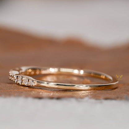 Lab Diamond Wedding Ring, 14K Gold Wavy Band, Dainty Ring