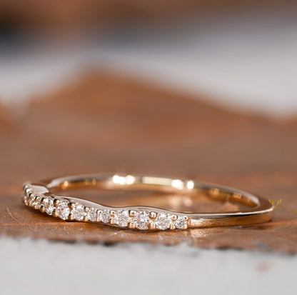 Lab Diamond Wedding Ring, 14K Gold Wavy Band, Dainty Ring