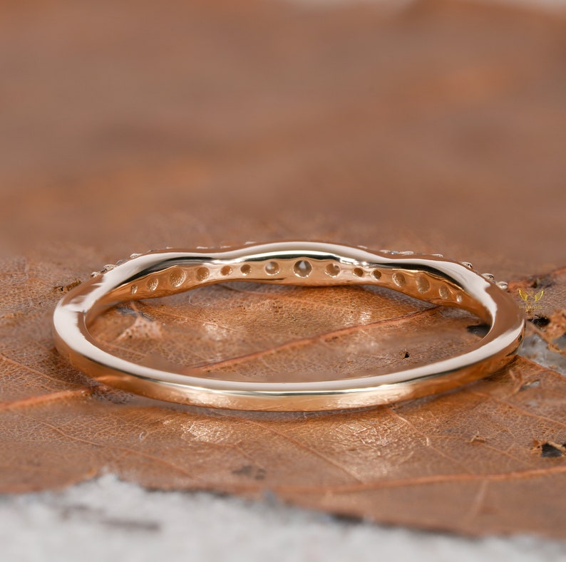 Lab Diamond Wedding Ring, 14K Gold Wavy Band, Dainty Ring