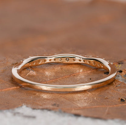 Lab Diamond Wedding Ring, 14K Gold Wavy Band, Dainty Ring