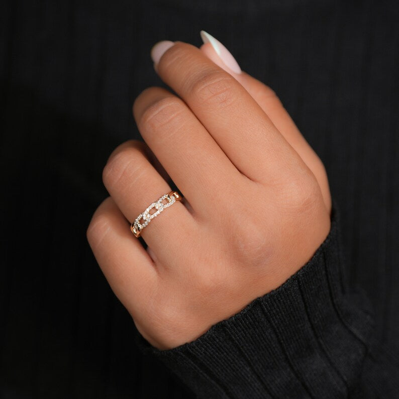 Round Lab Diamond Pave Chain Ring – 14K Gold Cuban Link Everyday Band
