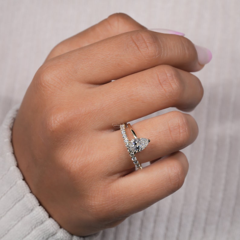 Pear Cut Lab Diamond Wedding Band Ring For Her