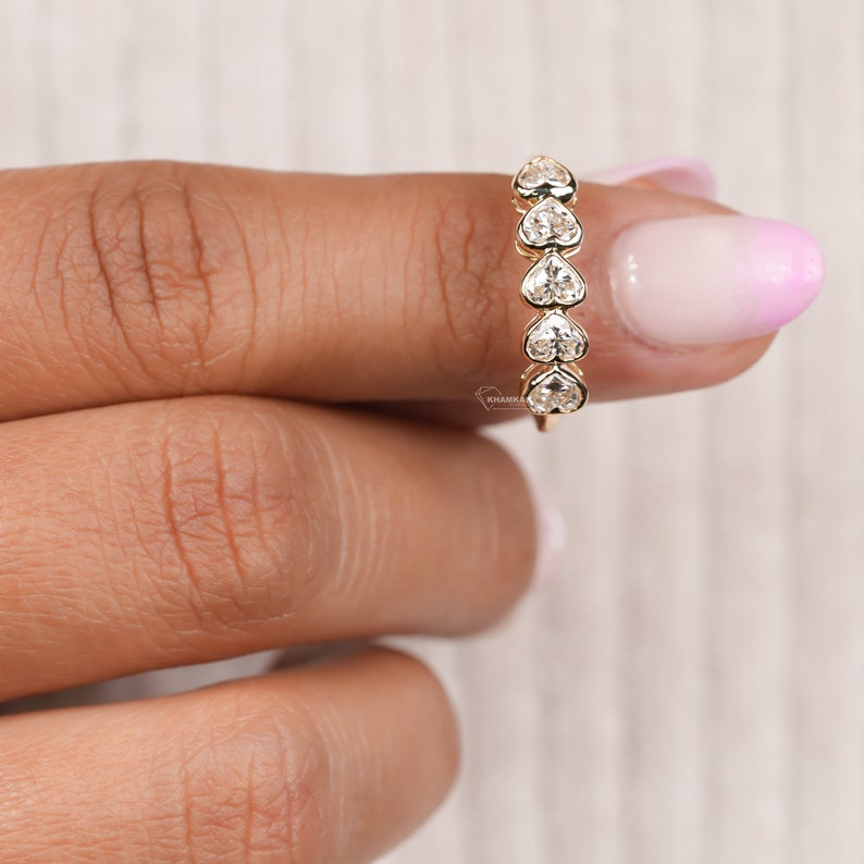 Heart Shaped Lab Grown Diamond Band,1.25TCW Heart Cut Diamond Half Eternity Wedding Band,Bezel Set 5 Stone Wedding Ring,For Valentine Gifts