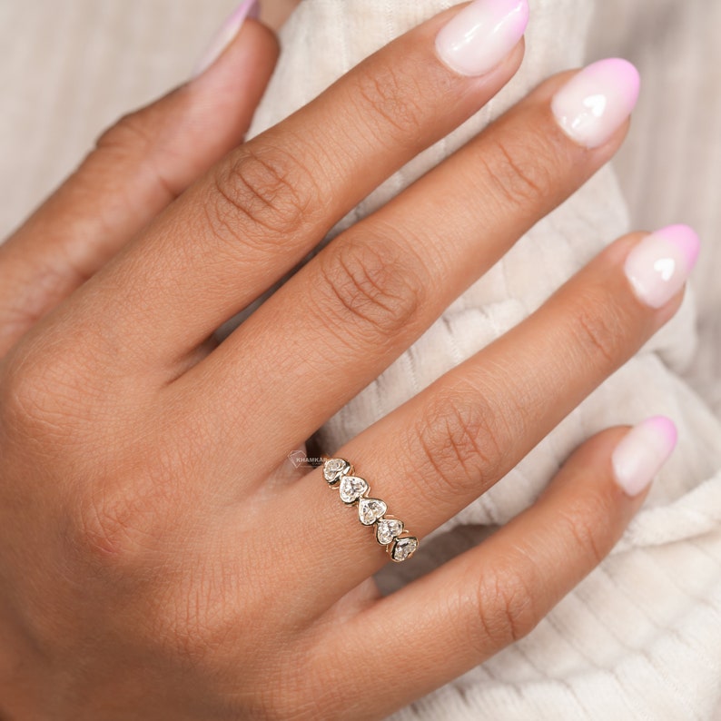 Heart Shaped Lab Grown Diamond Band,1.25TCW Heart Cut Diamond Half Eternity Wedding Band,Bezel Set 5 Stone Wedding Ring,For Valentine Gifts