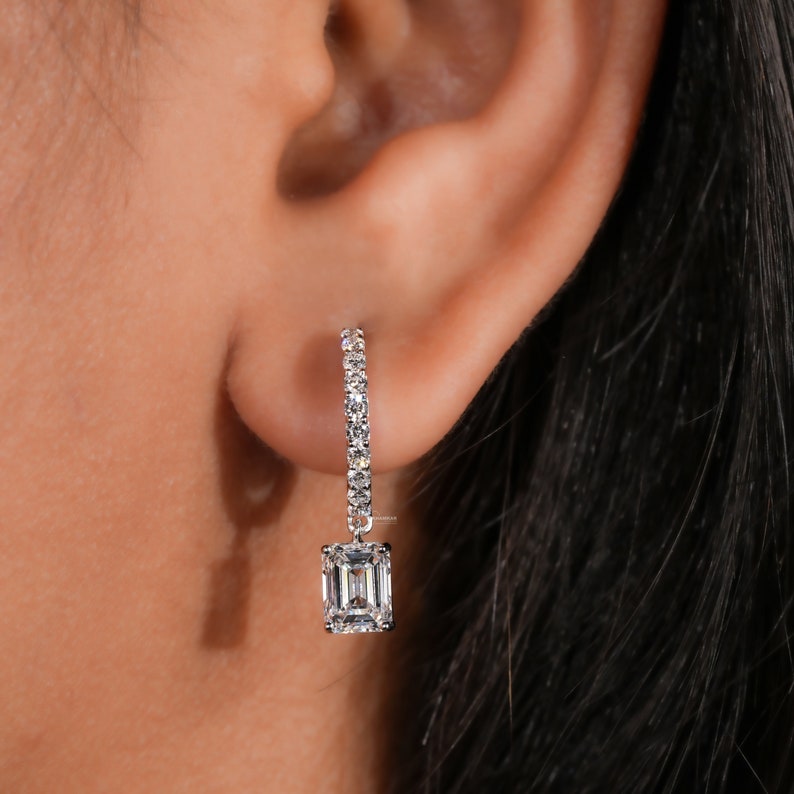 Emerald Cut Lab Grown Diamond Dangling Earrings,Dangle and Drop Wedding Earrings for Women,Lever Back Earrings,Bridesmaid Gifts
