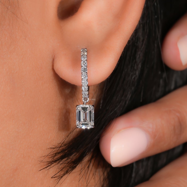 Emerald Cut Lab Grown Diamond Dangling Earrings,Dangle and Drop Wedding Earrings for Women,Lever Back Earrings,Bridesmaid Gifts