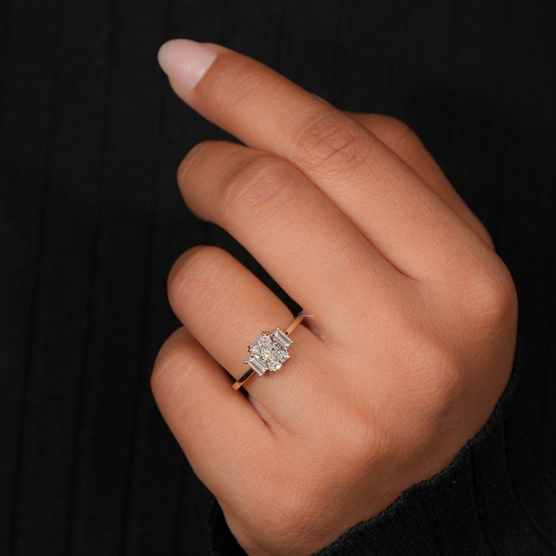 Radiant Lab Diamond Three Stone Ring – 1 CT Baguette Engagement Ring