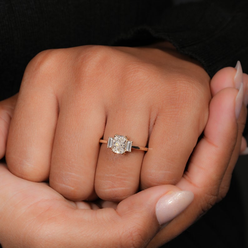 Radiant Lab Diamond Three Stone Ring – 1 CT Baguette Engagement Ring