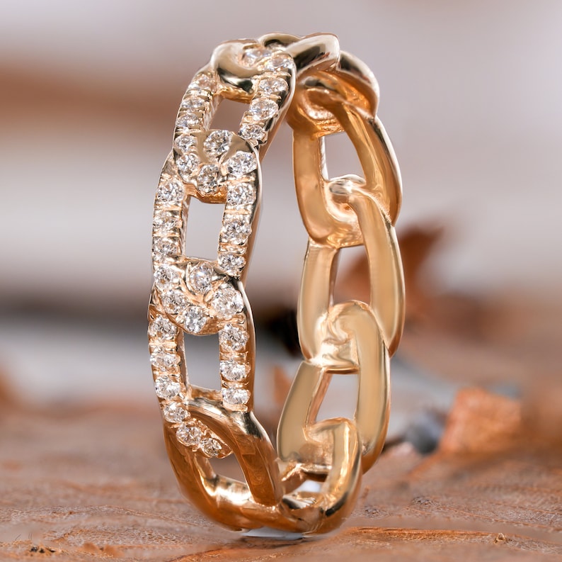 Round Lab Diamond Pave Chain Ring – 14K Gold Cuban Link Everyday Band