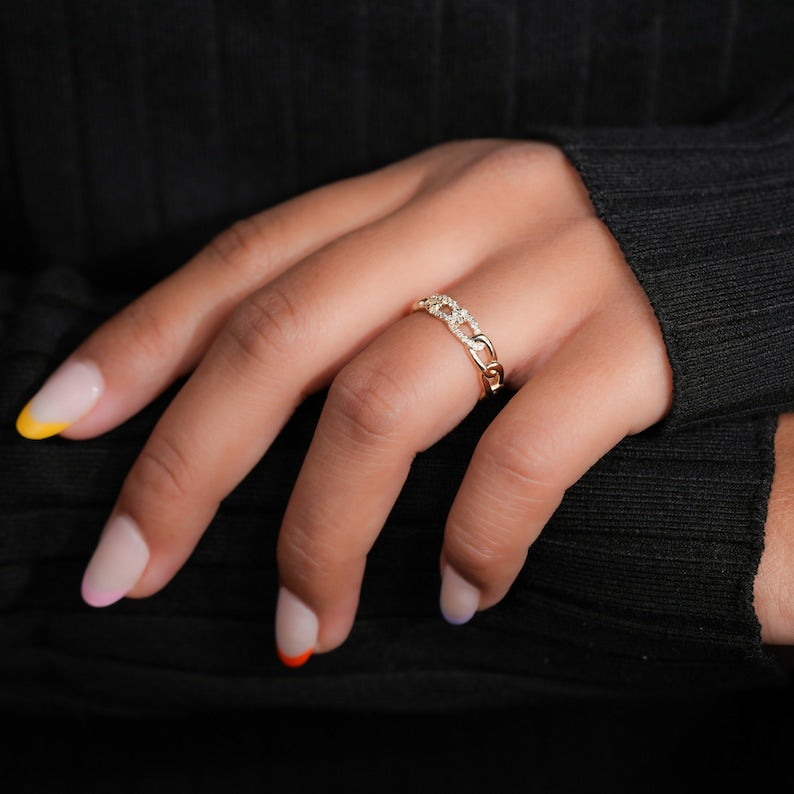 Round Lab Diamond Pave Chain Ring – 14K Gold Cuban Link Everyday Band