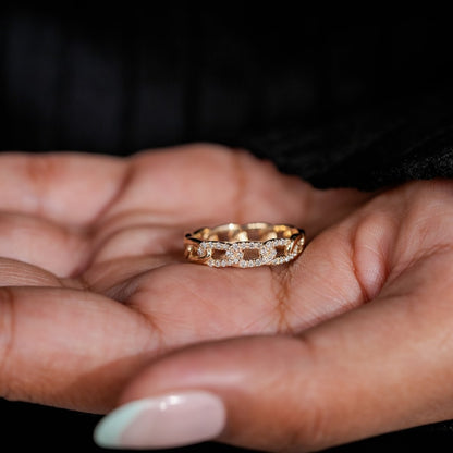 Round Lab Diamond Pave Chain Ring – 14K Gold Cuban Link Everyday Band