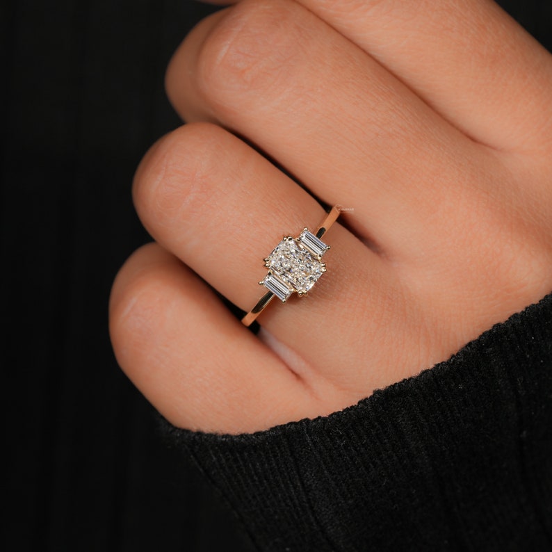 Radiant Lab Diamond Three Stone Ring – 1 CT Baguette Engagement Ring