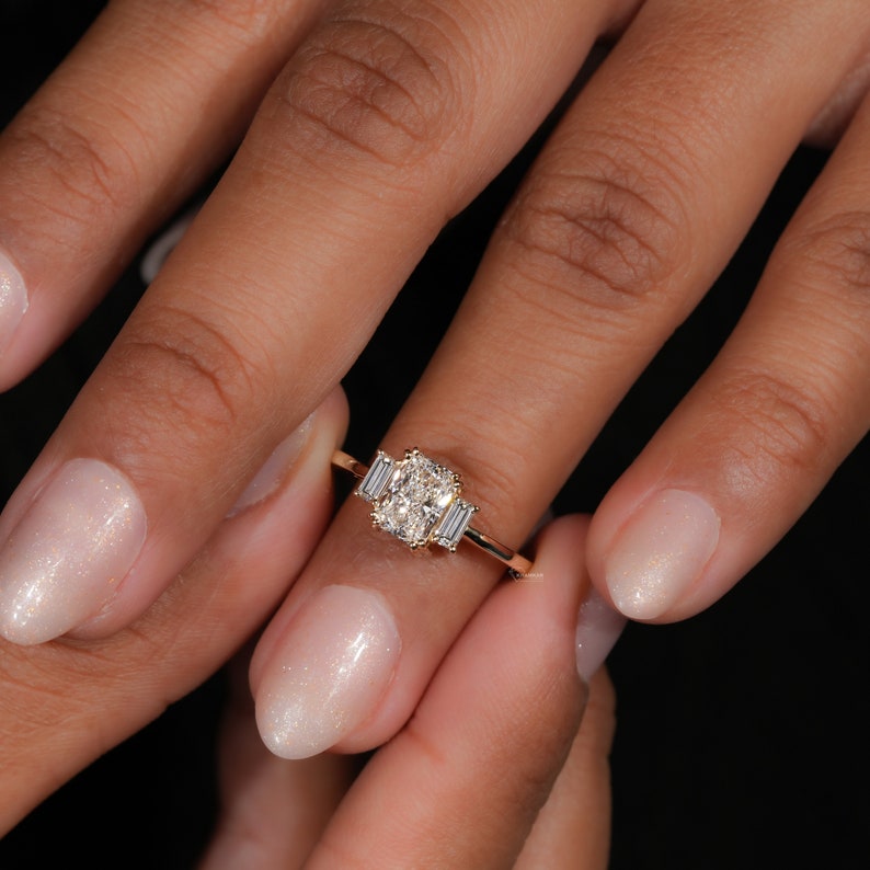 Radiant Lab Diamond Three Stone Ring – 1 CT Baguette Engagement Ring