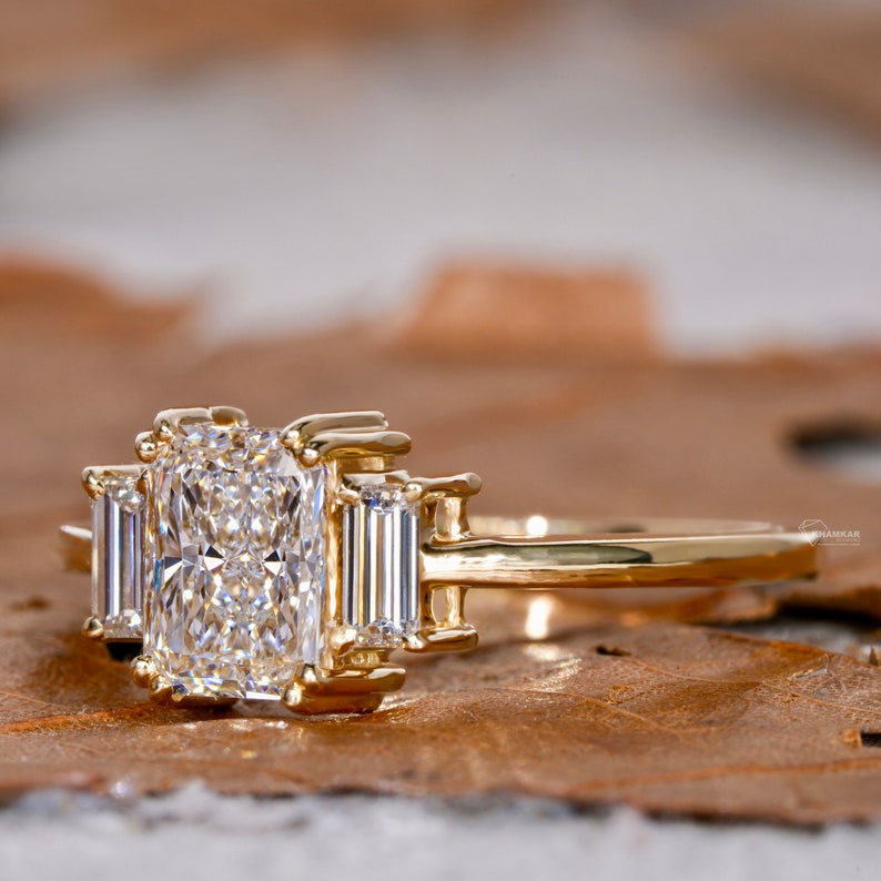 Radiant Lab Diamond Three Stone Ring – 1 CT Baguette Engagement Ring