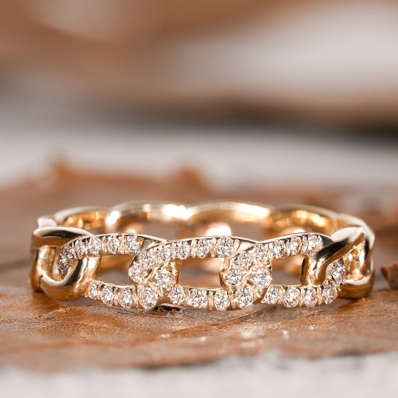 Round Lab Diamond Pave Chain Ring – 14K Gold Cuban Link Everyday Band