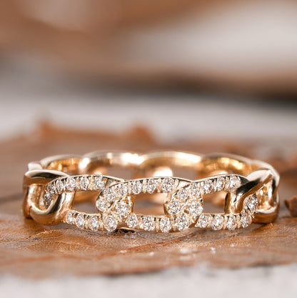 Round Lab Diamond Pave Chain Ring – 14K Gold Cuban Link Everyday Band
