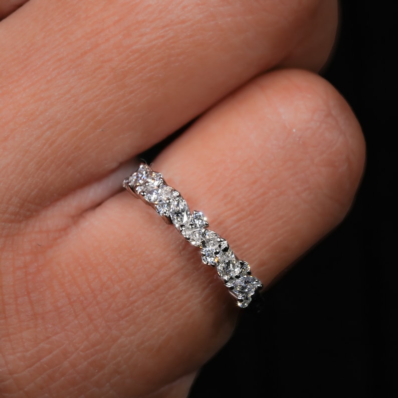 Marquise & Round Cut Lab Grown Diamond Band,Half Eternity Wedding Band, Matching/Stackable Band,Lab Created Diamond Band,Anniversary Gifts