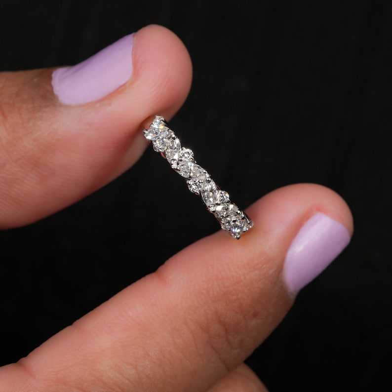 Marquise & Round Cut Lab Grown Diamond Band,Half Eternity Wedding Band, Matching/Stackable Band,Lab Created Diamond Band,Anniversary Gifts