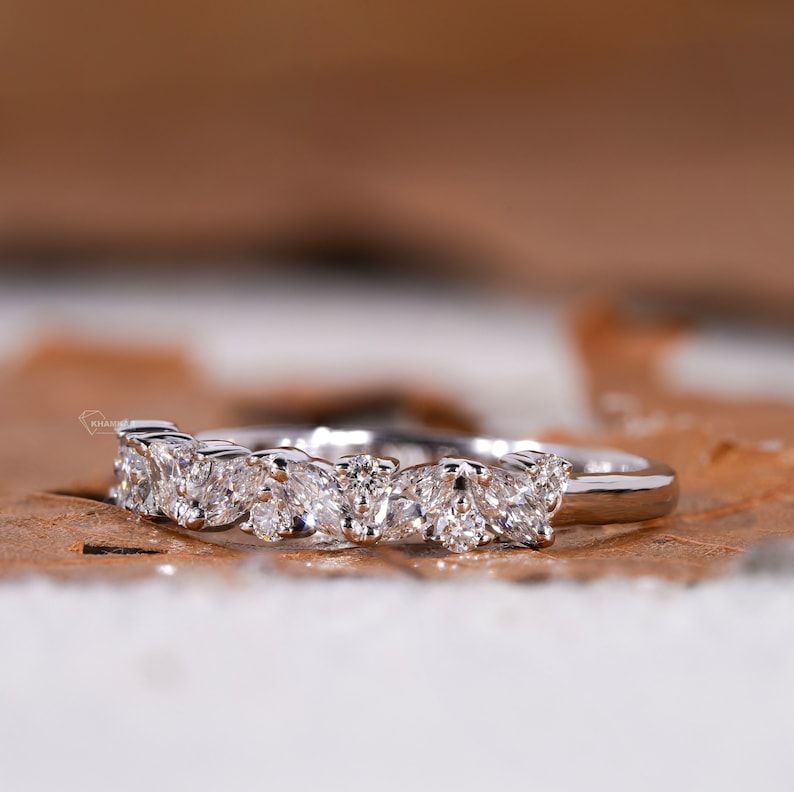 Marquise & Round Cut Lab Grown Diamond Band,Half Eternity Wedding Band, Matching/Stackable Band,Lab Created Diamond Band,Anniversary Gifts