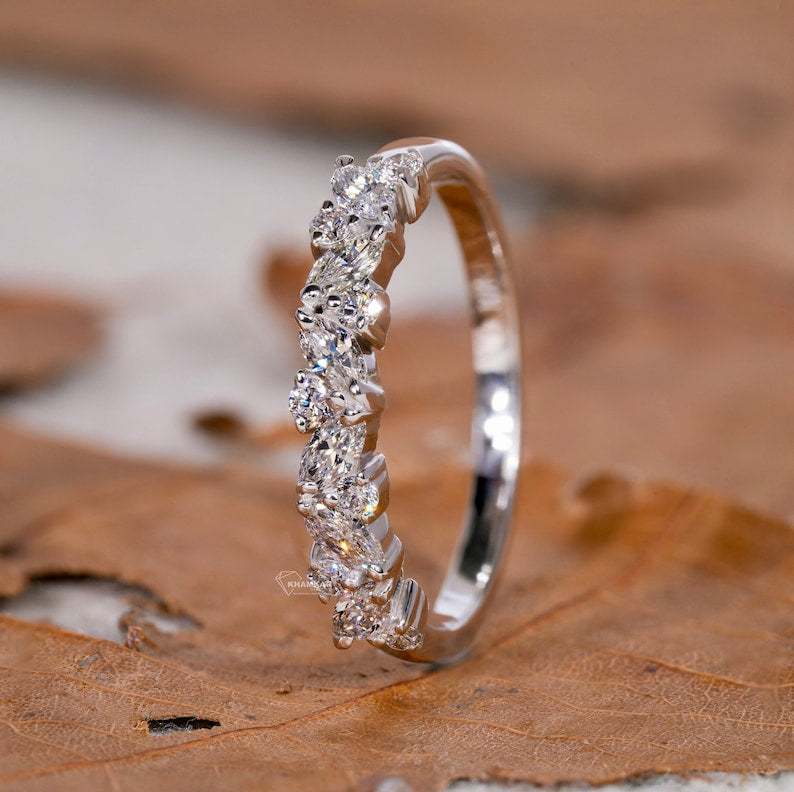 Marquise & Round Cut Lab Grown Diamond Band,Half Eternity Wedding Band, Matching/Stackable Band,Lab Created Diamond Band,Anniversary Gifts