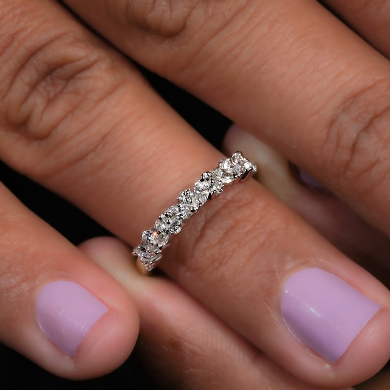 Marquise & Round Cut Lab Grown Diamond Band,Half Eternity Wedding Band, Matching/Stackable Band,Lab Created Diamond Band,Anniversary Gifts