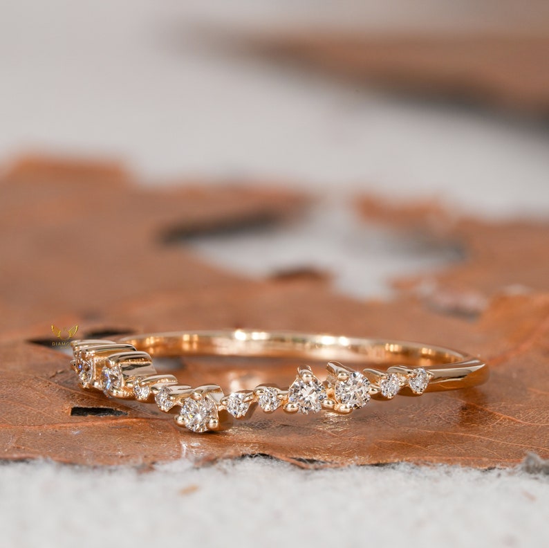 14K Gold Curved Chevron Lab Diamond Stacking Ring
