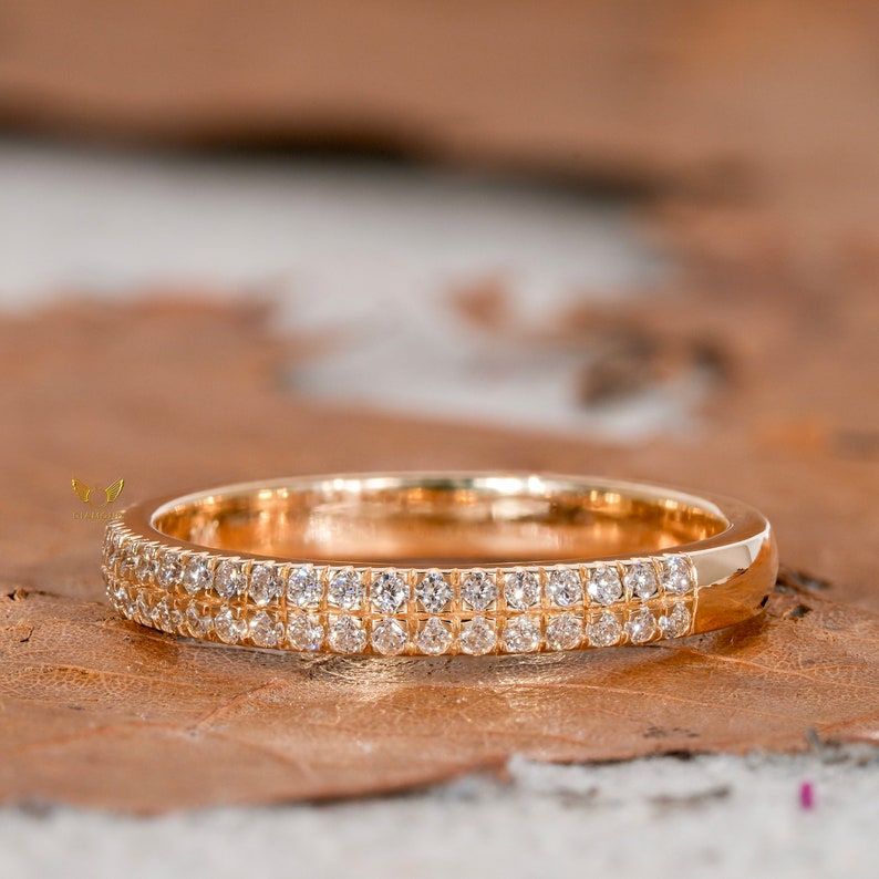Lab Diamond Pave Wedding Band 14K Gold, Two Row Dome Ring