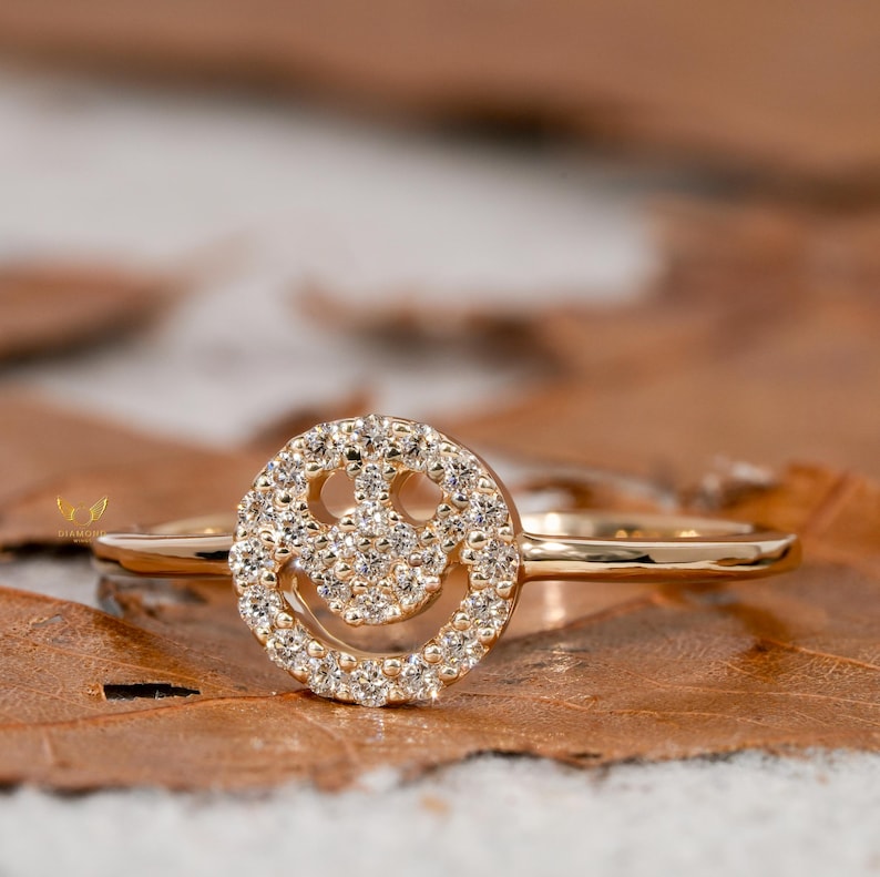 Smiley Face Diamond Ring 14K Gold Minimalist Daily Wear Ring