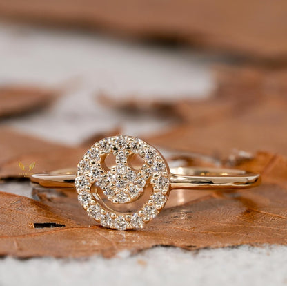 Smiley Face Diamond Ring 14K Gold Minimalist Daily Wear Ring