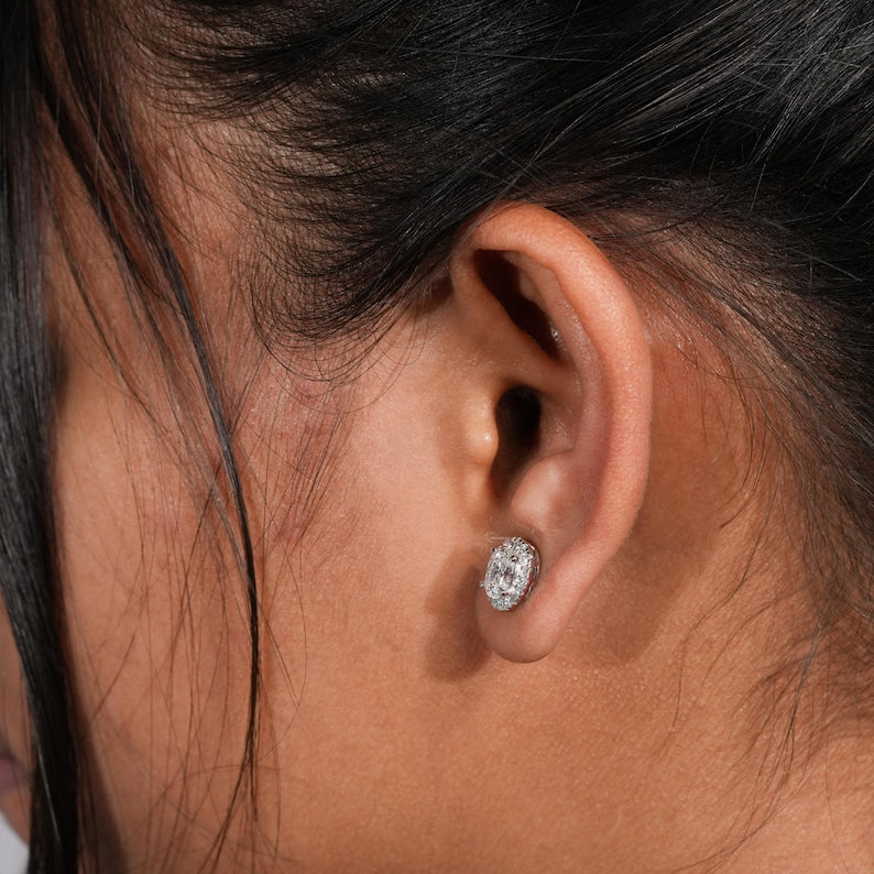 Oval Cut Lab Grown Diamond Stud Earrings,0.50CT to 1.00CT Halo Earrings,Wedding Earrings,Certified Diamond Earrings,Screw back Earrings