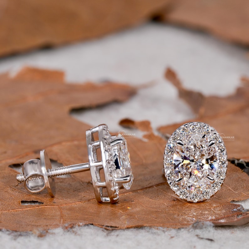Oval Cut Lab Grown Diamond Stud Earrings,0.50CT to 1.00CT Halo Earrings,Wedding Earrings,Certified Diamond Earrings,Screw back Earrings