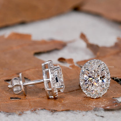 Oval Lab Grown Diamond Halo Stud Earrings | Screw Back