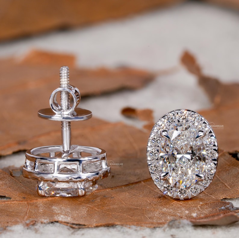 Oval Cut Lab Grown Diamond Stud Earrings,0.50CT to 1.00CT Halo Earrings,Wedding Earrings,Certified Diamond Earrings,Screw back Earrings