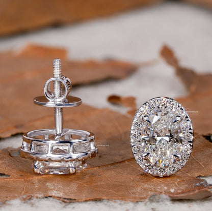 Oval Lab Grown Diamond Halo Stud Earrings | Screw Back