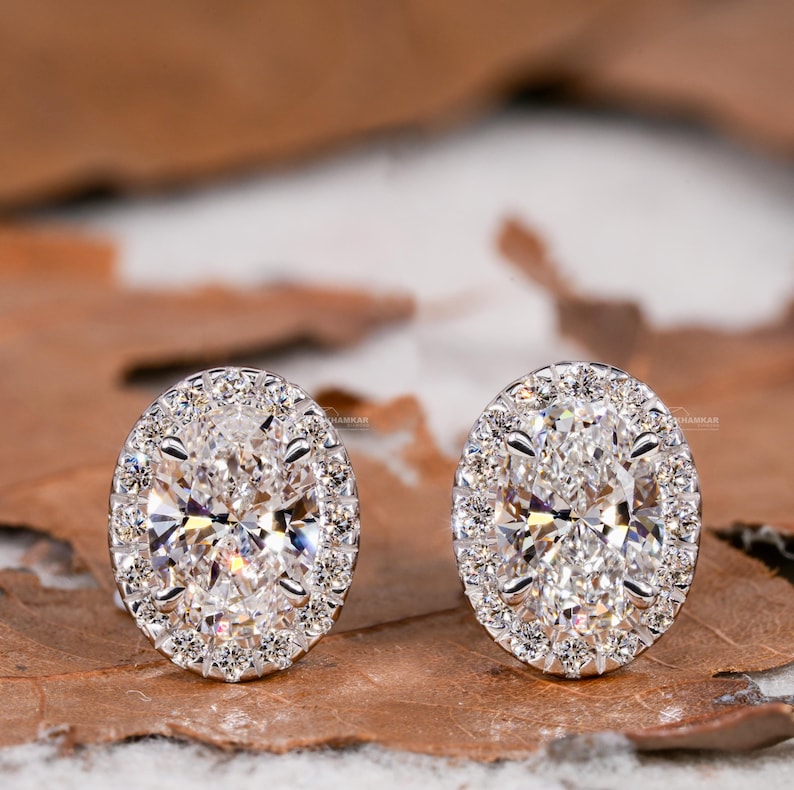 Oval Cut Lab Grown Diamond Stud Earrings,0.50CT to 1.00CT Halo Earrings,Wedding Earrings,Certified Diamond Earrings,Screw back Earrings
