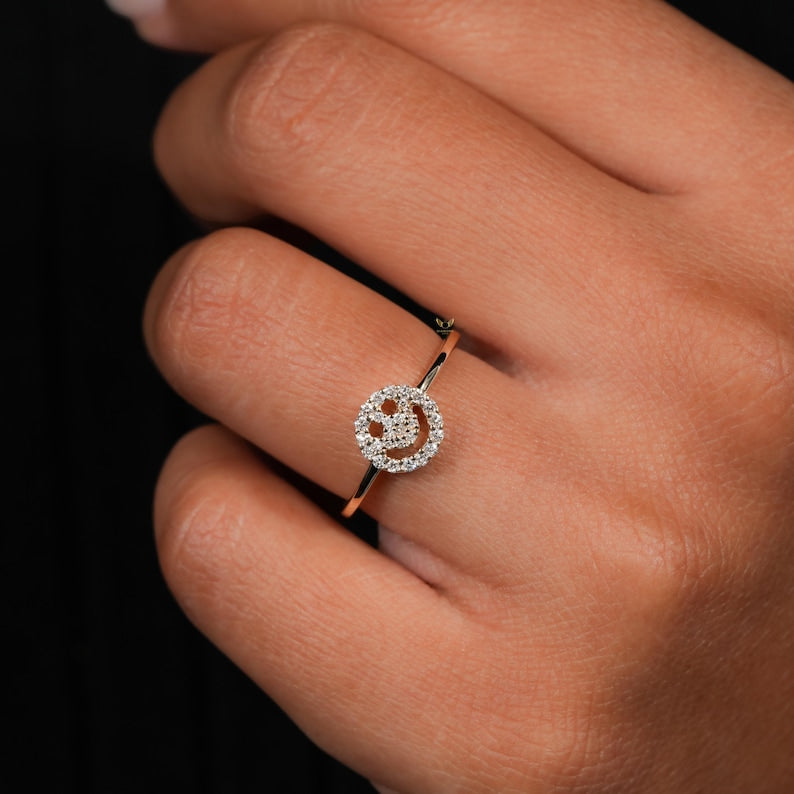 Smiley Face Diamond Ring 14K Gold Minimalist Daily Wear Ring