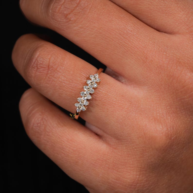 14K Solid Gold Lab Diamond Floral Band Ring