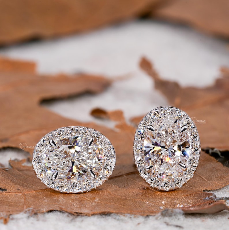 Oval Cut Lab Grown Diamond Stud Earrings,0.50CT to 1.00CT Halo Earrings,Wedding Earrings,Certified Diamond Earrings,Screw back Earrings