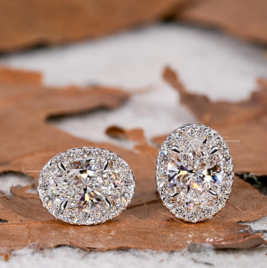 Oval Lab Grown Diamond Halo Stud Earrings | Screw Back